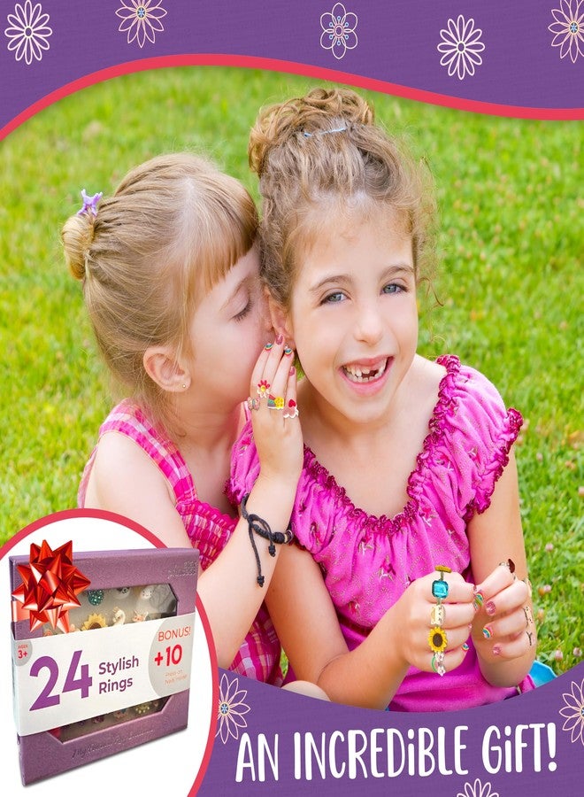 Star Princess Jewel Rings for Kids, Set of 24 Adjustable Dress Up Rings for Girls, Pretend Play Jewelry for Little Girls In Purple Gift Box, Unique and No Duplicates - Great Birthday Gift for Girls Ages 3 4 5 6 7 8 - Image 4
